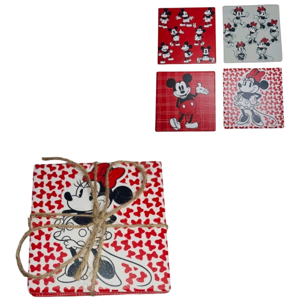 Disney Ceramic Absorbant Set Of 4 Coasters Classic Minnie & Mickey Mouse - New